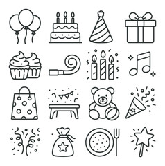 Party celebration icons: balloons, cake, gifts, music, decorations, and more