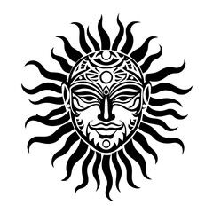 Fototapeta premium Stylized sun with a face, crafted in a black and white tribal ethnic style. Vector graphic of an ancient deity.