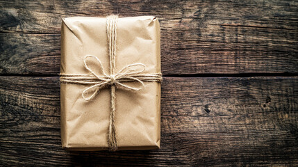 A wrapped gift box tied with string on a rustic wooden table.