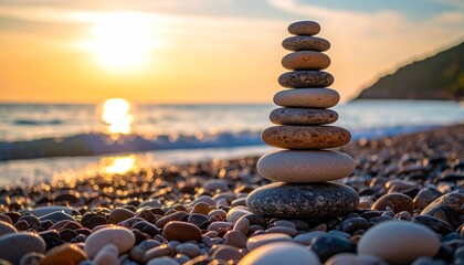 Stacked stones at sunset evoke peace and balance