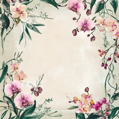 An antique floral rose parchment with a grunge texture frames a vintage blossom design on aged paper, perfect for a summer card backdrop