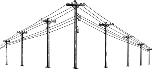Hand-drawn utility poles with electric wires in line art style, black and white vector sketch illustration of rural telephone power poles and transmission lines