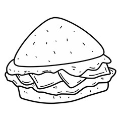 Black and white cartoon illustration of a burger or sandwich with cheese and lettuce in hand-drawn style.