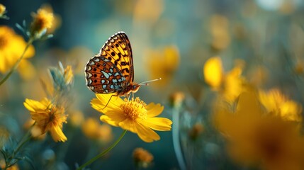 A vibrant butterfly delicately sipping nectar from a bright yellow flower in a sunlit meadow.