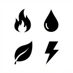 Set of four elemental symbols fire, water, earth leaf, and air lightning bolt, isolated on white background