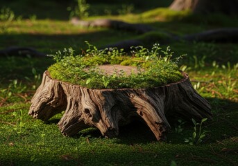 Fototapeta premium A mossy tree stump podium teeming with new green growth