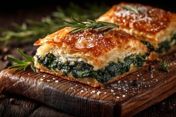 Savory spinach pastry with rosemary on wooden cutting board garnished with sea salt and fresh herbs