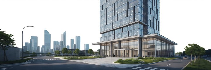 Fototapeta premium Modern glass skyscraper with landscaped entrance and city skyline