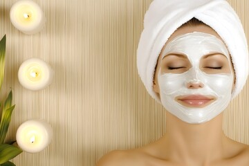 Woman with a facial mask relaxing on a spa table surrounded by candles and green leaves, embodying tranquility and self-care in a serene environment
