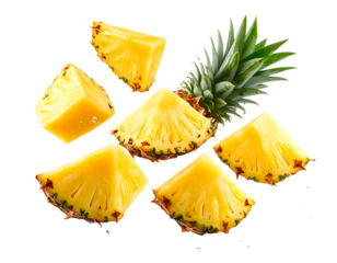  Floating Pineapple Chunks Surrounded by Water Droplets, Stylized Motion, Transparent PNG