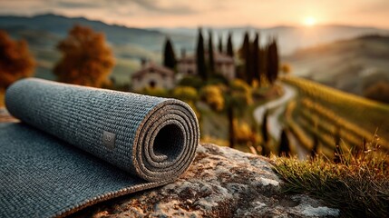 Rolled yoga mat on a stone overlooking scenic sunrise vineyards