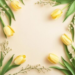 A beautiful spring bouquet of yellow tulips forms a vibrant floral frame on a rustic wooden background, celebrating nature's fresh blossom