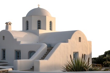 Fototapeta premium Traditional white greek orthodox church with blue accents and dome against a bright sky
