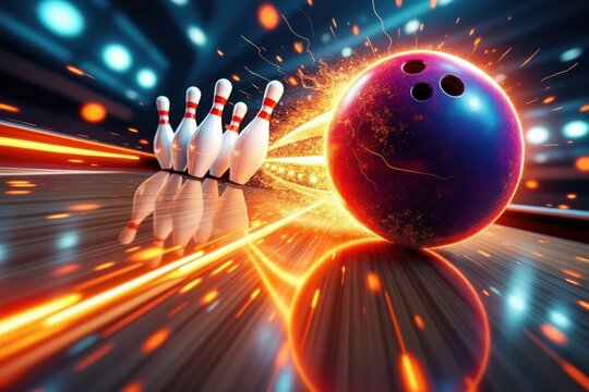 Dynamic Bowling Strike: Ball and Pins with Light Trails - Powered by Adobe