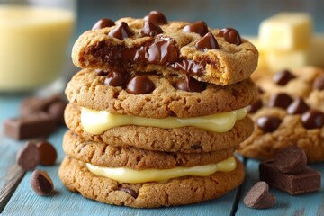Delicious chocolate chip cookies stacked with creamy filling and chocolate pieces on a wooden table
