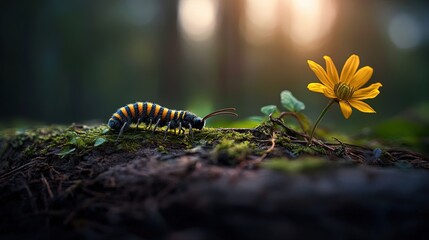 Naklejka premium A vibrant black and yellow striped caterpillar like insect crawls on mossy ground near a yellow flower in a sunlit forest