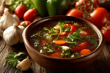 Fresh vegetable soup simmering in a rustic bowl surrounded by colorful ingredients in a cozy kitchen setting