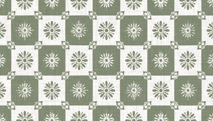 Floral motif in geometric squares on distressed boho textured linen in sage green and natural white. 