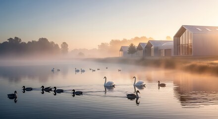 Naklejka premium Tranquil Lakeside Scene with Swans and Ducks in Foggy Morning Light