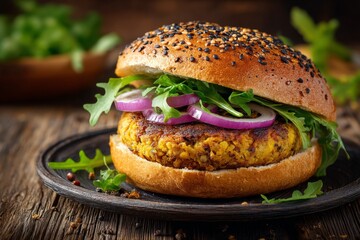 Freshly made veggie burger with sesame bun and vibrant toppings served on a rustic wooden table
