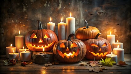 Woman in gothic witch costume with pumpkins and cats on halloween