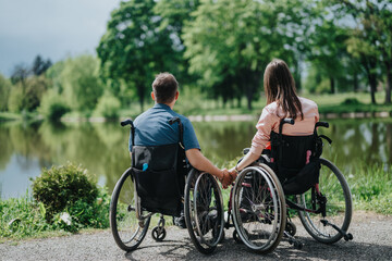 Two individuals in wheelchairs, a man and a woman, holding hands and admiring the peaceful lakeside scenery surrounded by lush greenery, symbolizing connection, love, inclusivity, and nature's beauty.