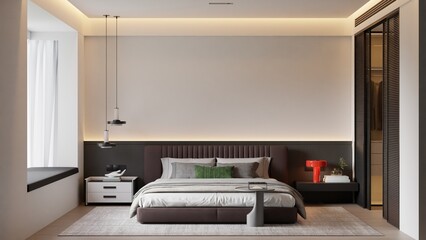 Empty Poster Frame Mockup in Modern Minimalist Bedroom - 3d Rendering