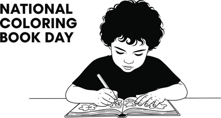 Vector art of a boy is drawing in a coloring book to celebrate national coloring book day 