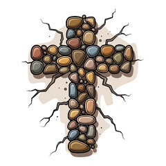 Flat design cross made of small river stones, natural cracked surface. Vector flat design cartoon. AI generated images.