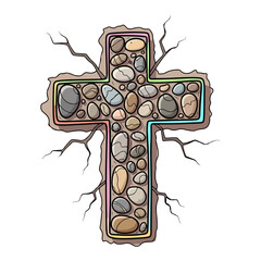 Flat design cross made of small river stones, natural cracked surface. Vector flat design cartoon. AI generated images.