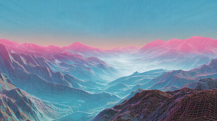 High-altitude perspective of fictional landscape divided by translucent overlays and warped contour geometry