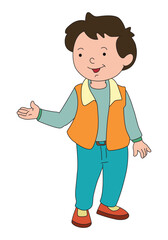 A boy raising one hand and smiling