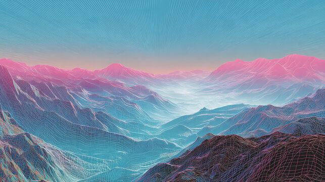 High-altitude perspective of fictional landscape divided by translucent overlays and warped contour geometry