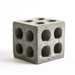 Concrete cube block with circular holes on white background