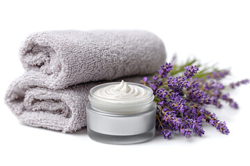 Luxury Face Cream Jar with Lavender Flowers and Soft Towels – Spa and Skincare Product Mockup