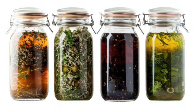 Jars with herbs inside on transparent backgroud