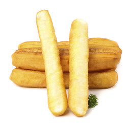 Crispy fried doughnuts displayed attractively on a white background ready for enjoyment and indulgence