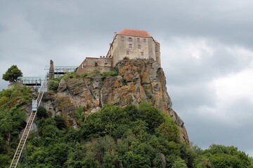 Riegersburg Castle with the funicular railway from below