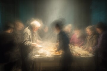 Gathering of people enjoying a communal meal in a warm, inviting atmosphere, showcasing traditional culinary practices