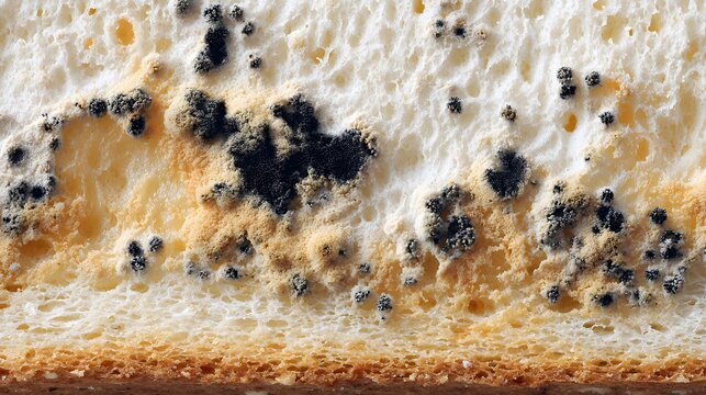 Close-Up of Moldy Bread with Bread Mold and Fungal Growth Showcasing Food Spoilage and Microorganism Decay Textures in Kitchen Environment and Food Safety Inspection Insights