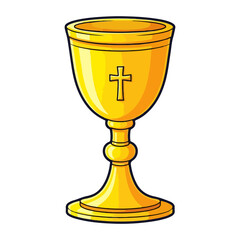 Cartoon of a golden Catholic mass chalice, decorated with a small cross in the center. Vector flat design cartoon. AI generated images.