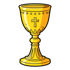 Cartoon of a golden Catholic mass chalice, decorated with a small cross in the center. Vector flat design cartoon. AI generated images.
