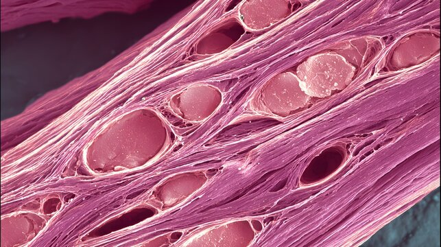 Microscopic View of Muscle Tissue Cellular Structure: A Histology Insight Featuring Muscle Fibers, Connective Tissue, and Cell Morphology for Biomedical Research and Education