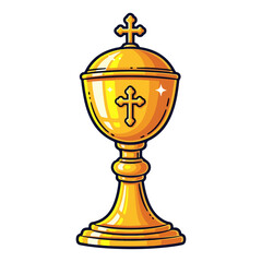Cartoon of a golden Catholic mass chalice, decorated with a small cross in the center. Vector flat design cartoon. AI generated images.