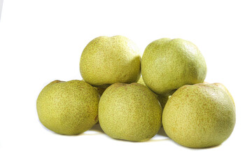 Fresh tribute pears arranged on a clean white background showcasing their vibrant color and texture