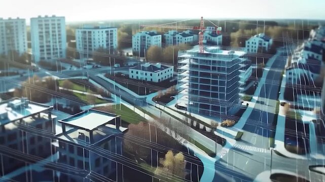 Aerial view of a modern urban development with detailed street layouts and buildings in a stylized, slightly abstract manner