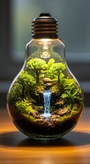 Glowing light bulb filled with a lush miniature rainforest ecosystem, symbolizing sustainable energy, innovation, and eco-conscious creativity.