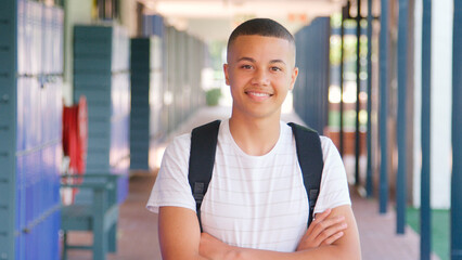 Portrait Of Smiling Male High School Student Standing Outside College Building