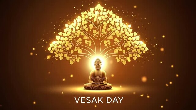 Serene Vesak Day celebration with a silhouette of Buddha in deep meditation against a beautiful golden sunset, embodying peace and enlightenment.