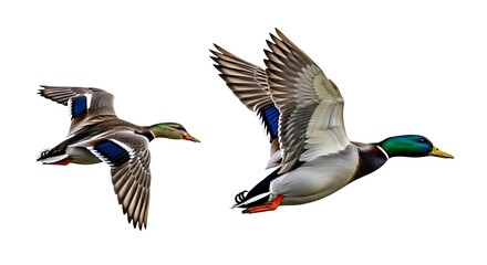 Obraz premium Photo of two mallard ducks in flight isolated on white background